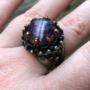 Amethyst Gothic Medieval Witchy Boho Mixed Metal Artisan Statement Ring OOAK
